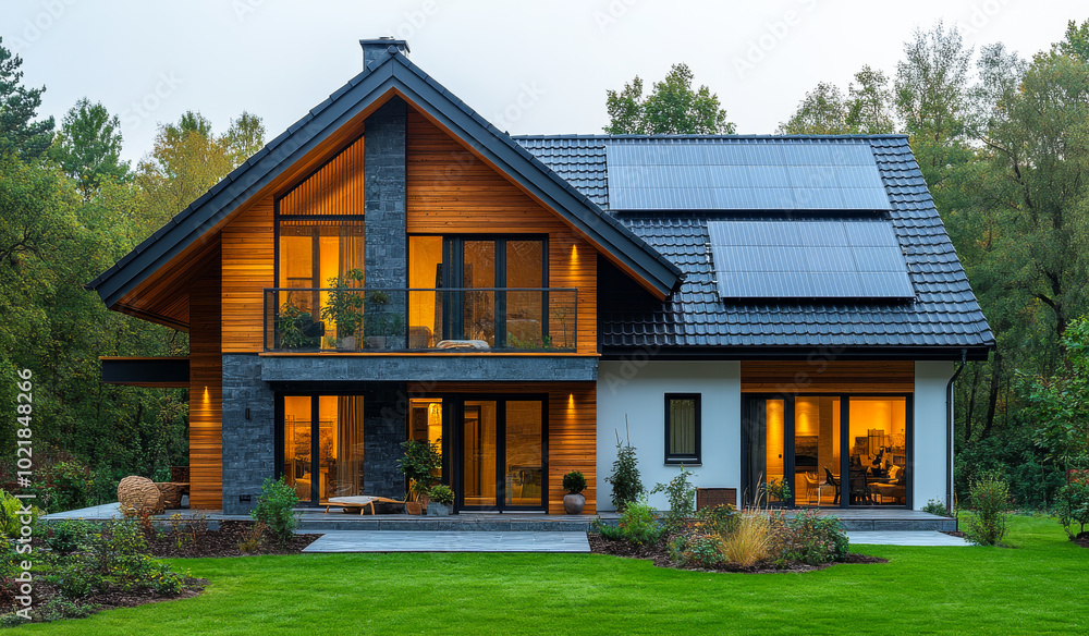Eco-friendly home with solar panels. A contemporary house nestled in greenery, featuring solar panels, spacious balconies, and bright lights shining through large windows. Eco-friendly home with solar panels. A contemporary house nestled in greenery, featuring solar panels, spacious balconies, and bright lights shining through large windows.