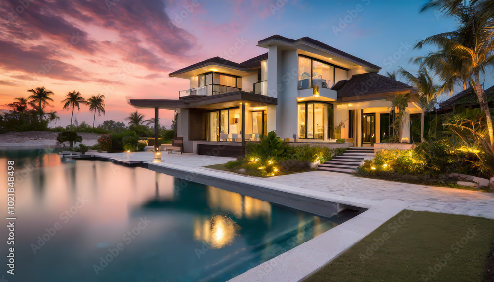 Luxury villa by a tranquil pool at sunset with palm trees and bright sky in a tropical paradise Luxury villa by a tranquil pool at sunset with palm trees and bright sky in a tropical paradise