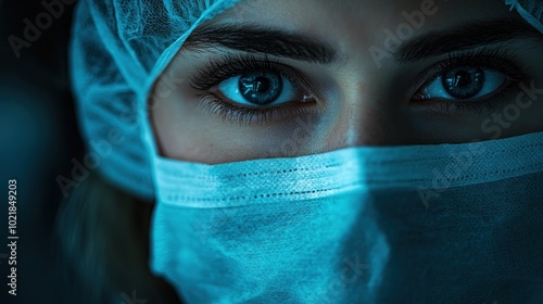 Close-up portrait of a female surgeon wearing a surgical mask and cap, looking directly at the camera with a serious expression.