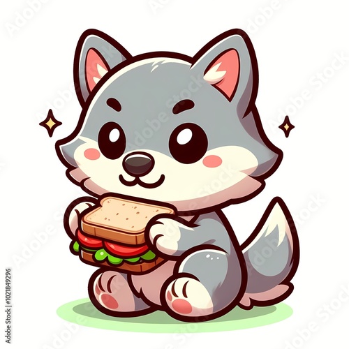 Cute Wolf Eating Sandwich Cartoon Vector Icon Illustration