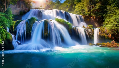 Serene waterfall in lush forest