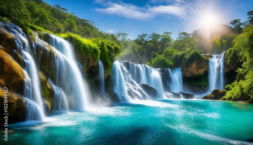 Serene waterfall in lush forest