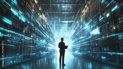 Futuristic Concept: Data Center Chief Technology Officer Using Laptop, Standing In Warehouse, Information Digitalization Lines Streaming Through Servers