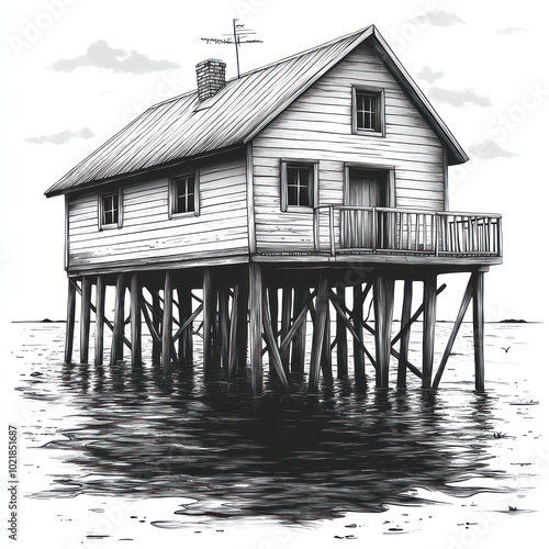 A black and white illustration of a wooden house on stilts in the water.