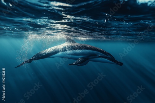 A dolphin swims gracefully beneath the water, its silhouette reflecting under the ocean's surface