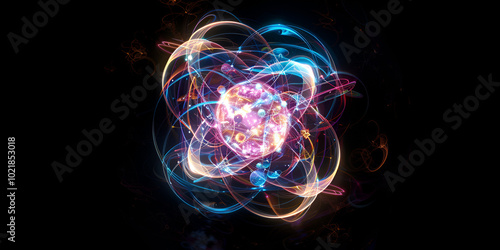 Abstract Visualization of Atomic Structure with, Glowing Particles Energy Orbital Representation of Atom with Subatomic Particles in Motion atom