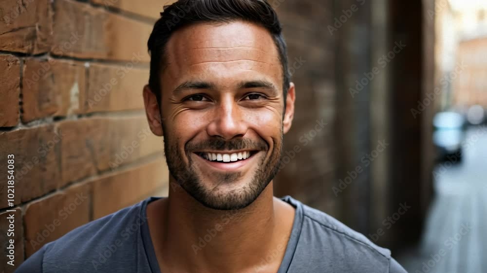 Smiling Man in Casual Gray Shirt Leaning Against Brick Wall Smiling Man in Casual Gray Shirt Leaning Against Brick Wall
