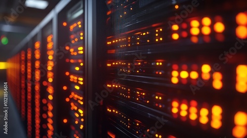 Rows of server racks with glowing lights in a data center.