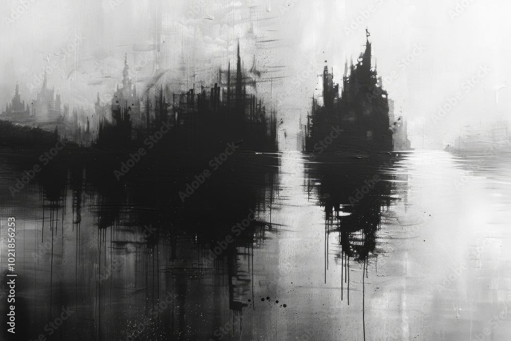 This abstract image displays silhouettes of trees reflecting on a water surface, evoking a sense of solitude and contemplation This abstract image displays silhouettes of trees reflecting on a water surface, evoking a sense of solitude and contemplation