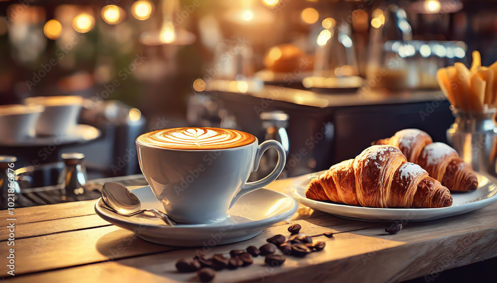 A warm cup of latte art alongside freshly baked croissants on a wooden counter at a cozy café in the evening A warm cup of latte art alongside freshly baked croissants on a wooden counter at a cozy café in the evening