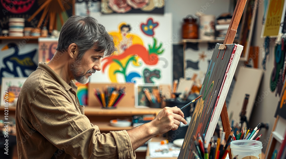 Artistic expression in full bloom as a painter creates vibrant landscapes in a cozy studio filled with creative tools and colors Artistic expression in full bloom as a painter creates vibrant landscapes in a cozy studio filled with creative tools and colors