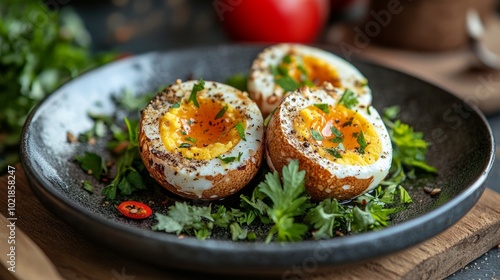 Three halved boiled eggs with parsley and spices on a black plate.