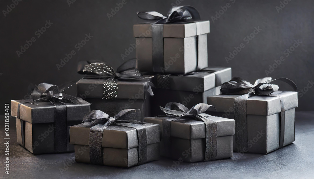 Stylish black gift boxes arranged artistically on a dark surface, perfect for holidays or special occasions Stylish black gift boxes arranged artistically on a dark surface, perfect for holidays or special occasions