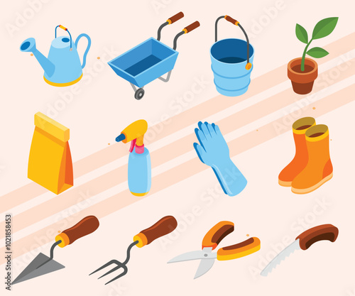 Isometric icons of gardening tools and plants.