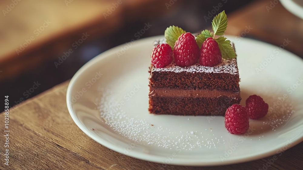  A slice of chocolate cake topped with fresh raspberries on a white plate resting on a wooden table