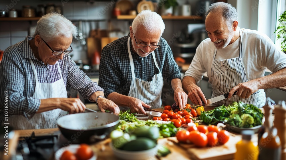 Three senior men in a kitchen, preparing a meal together, chopping vegetables. Three senior men in a kitchen, preparing a meal together, chopping vegetables.
