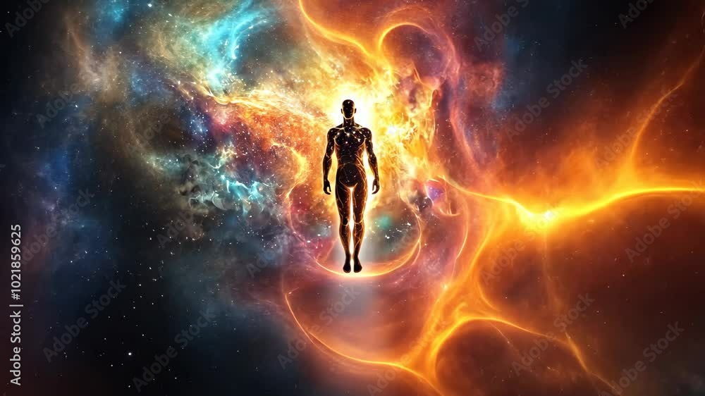 A human figure floats in the middle of a colorful nebula A human figure floats in the middle of a colorful nebula