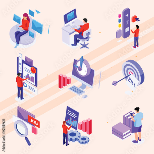 Isometric icons representing freelancing and remote work.