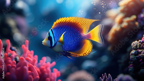 A vibrant blue and yellow angelfish swims through a coral reef, with a background of blue water and bright sunlight.