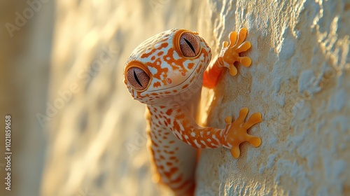 A close-up of a smiling leopard gecko with large eyes climbing a textured wall. photo