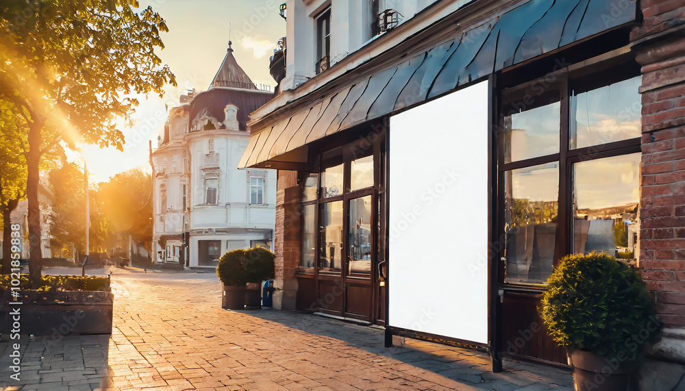 Charming street in the early morning light with a vacant storefront and lush greenery in a quiet town Charming street in the early morning light with a vacant storefront and lush greenery in a quiet town