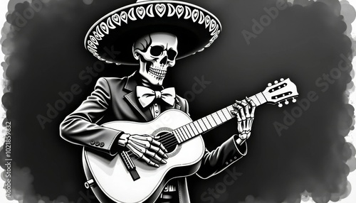 A skeleton wearing a sombrero and playing a guitar