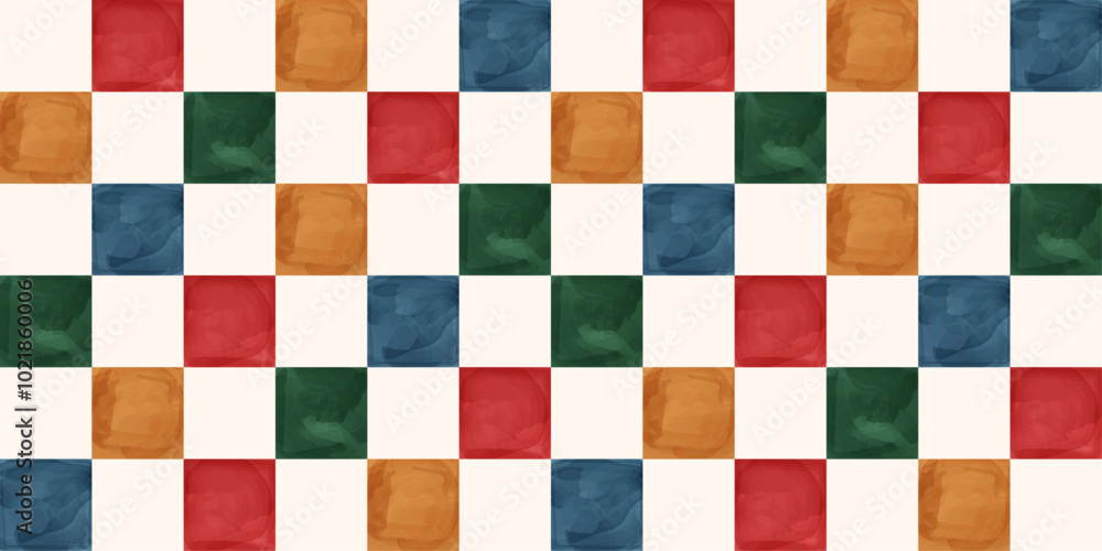 Fototapeta premium Seamless checkered pattern featuring watercolor-style squares in warm, earthy tones of red, blue, green, and yellow. Ideal for textile design, wallpaper, wrapping paper, and interior decor projects.