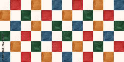 Seamless checkered pattern featuring watercolor-style squares in warm, earthy tones of red, blue, green, and yellow. Ideal for textile design, wallpaper, wrapping paper, and interior decor projects.