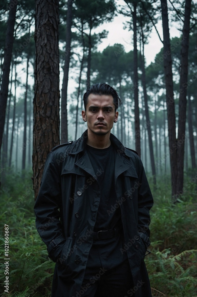 An old man with a ponytail stands confidently among tall trees in a serene, misty forest during the early morning hours. An old man with a ponytail stands confidently among tall trees in a serene, misty forest during the early morning hours.