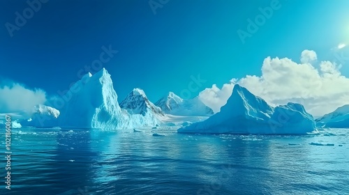 Panoramic view of Antarctica with icebergs floating in the ocean