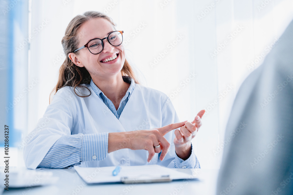 Smiling young female doctor in glasses counting with her fingers while explaining diagnosis to her patient Smiling young female doctor in glasses counting with her fingers while explaining diagnosis to her patient