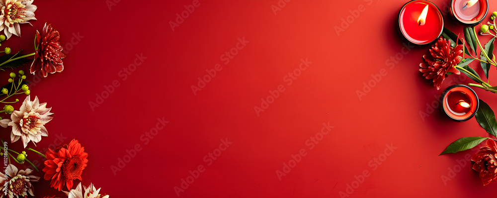 Banner with traditional Diwali diya oil lamp with flowers on red. Deepavali top view greeting template with copy space. Hindu festival of lights. Pongal, Ugadi, Gudi Padwa. Decor for Indian holidays. Banner with traditional Diwali diya oil lamp with flowers on red. Deepavali top view greeting template with copy space. Hindu festival of lights. Pongal, Ugadi, Gudi Padwa. Decor for Indian holidays.
