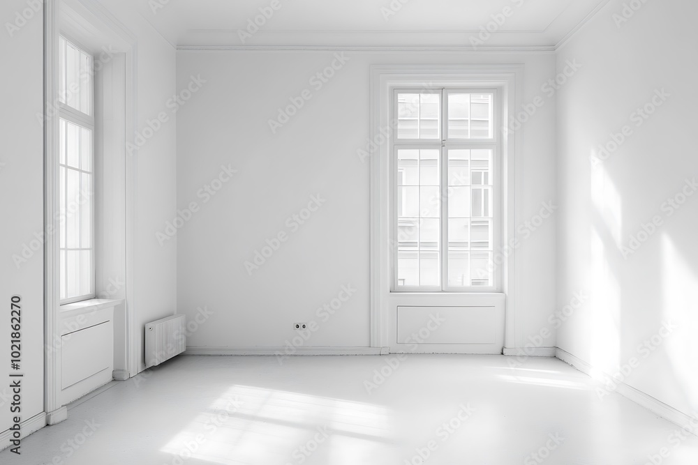 Fototapeta premium Empty White Room With Sunlight Streaming Through Windows