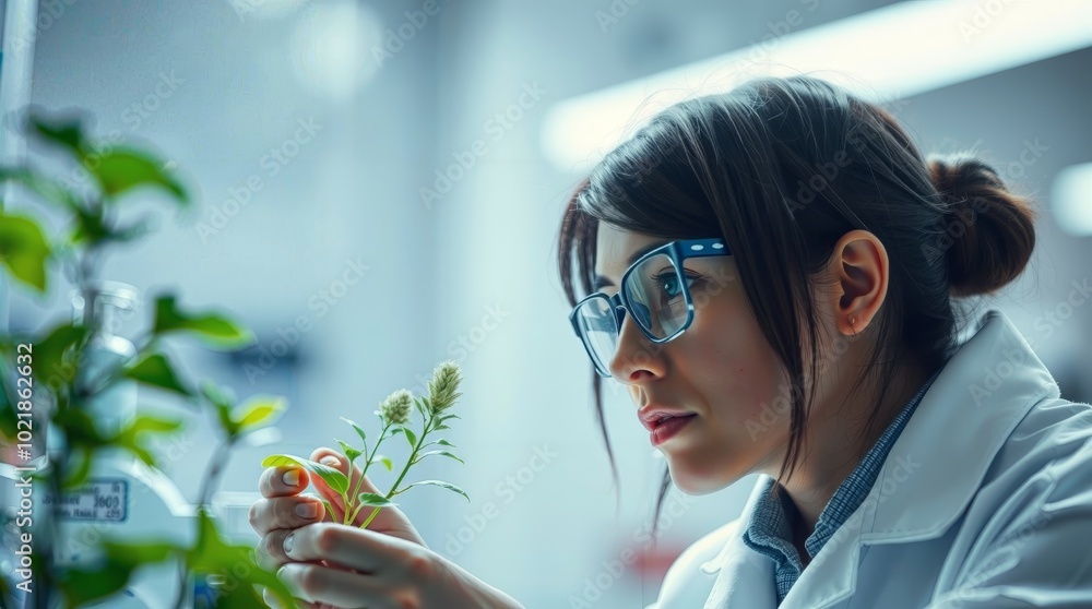 Dedicated scientist examines delicate plant specimens in a modern laboratory, showcasing the blend of nature and innovation Dedicated scientist examines delicate plant specimens in a modern laboratory, showcasing the blend of nature and innovation