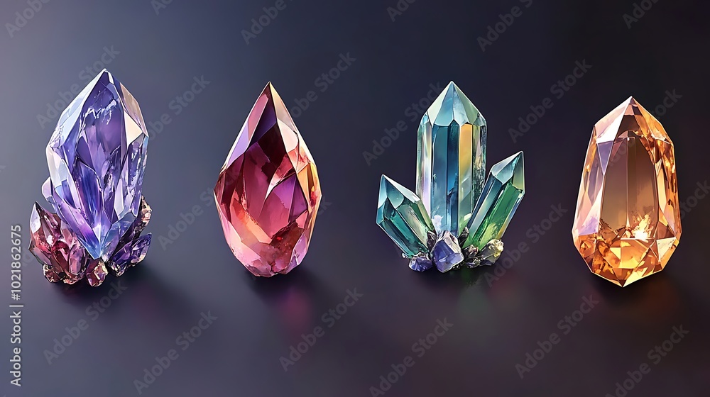 Four Colorful Crystals on Black Background Four Colorful Crystals on Black Background
