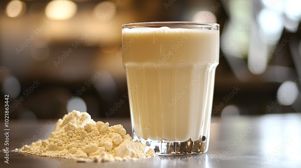 A close-up shot of a glass of milk on a table with powdered sugar nearby A close-up shot of a glass of milk on a table with powdered sugar nearby