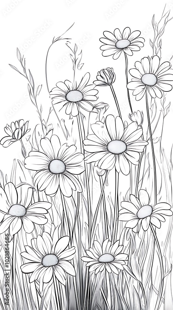 Fototapeta premium Simple Hand Drawn Illustration of Daisies with Black Outline on White Background