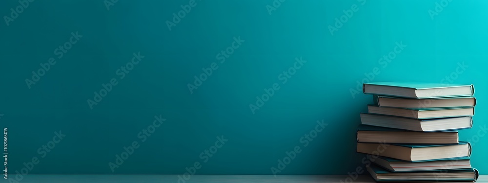 Photo of a stack of books on an empty shelf with a teal background, representing education and knowledge Photo of a stack of books on an empty shelf with a teal background, representing education and knowledge
