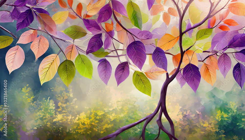 Colorful autumn leaves on a tree branch displayed against a blurred forest background during a serene morning Colorful autumn leaves on a tree branch displayed against a blurred forest background during a serene morning