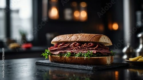 Aesthetic preparation of pastrami on rye sandwich on a black themed kitchen. bokeh style. photo