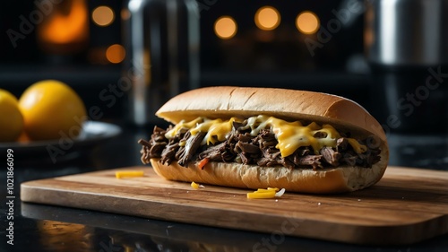 Aesthetic preparation of philly cheesesteak sandwich on a black themed kitchen. bokeh style. photo