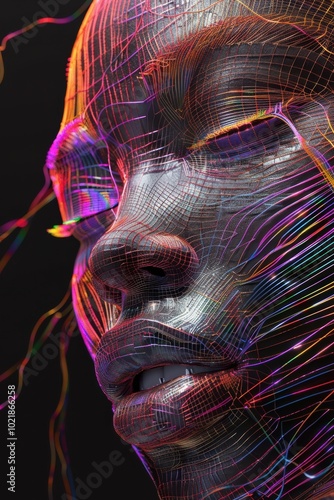 A woman's face made by metal wires. Abstract portrait displaying vibrant colors and intricate patterns, suggesting a blend of technology and human features