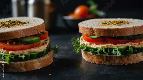 Aesthetic preparation of hummus and veggie sandwich on a black themed kitchen. bokeh style. photo