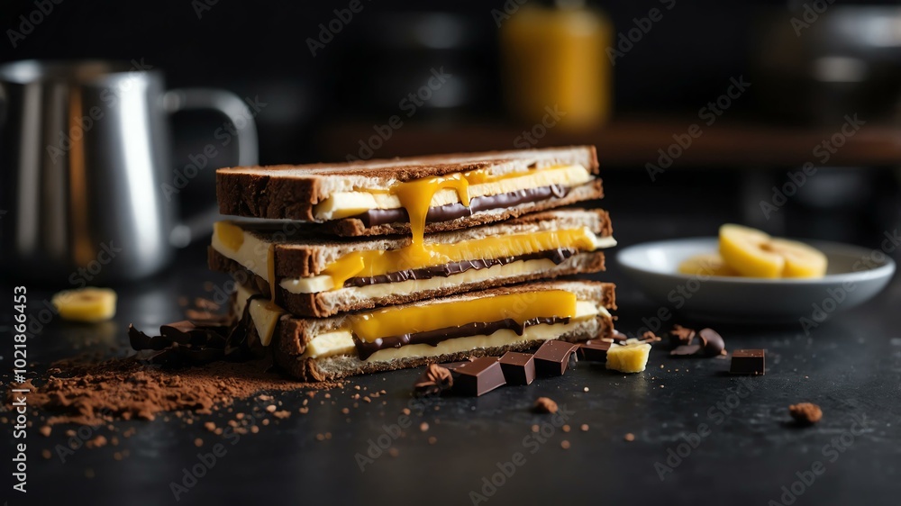 Aesthetic preparation of chocolate and banana sandwich on a black themed kitchen. bokeh style. Aesthetic preparation of chocolate and banana sandwich on a black themed kitchen. bokeh style.