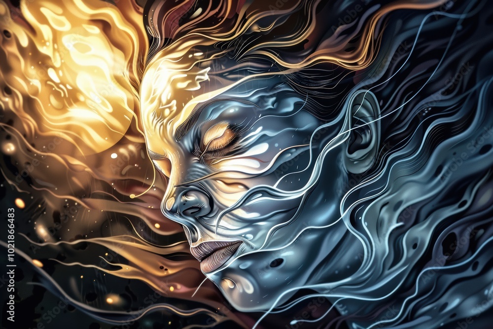 Abstract portrait with flowing lines and contrasting light, showcasing a serene face merging with vibrant, colorful waves.