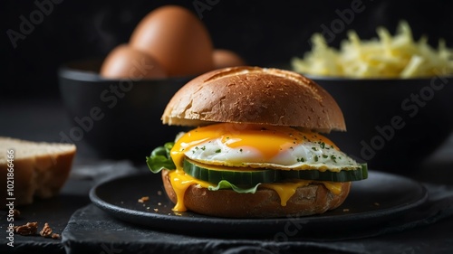 Aesthetic preparation of egg and cheese sandwich on a black themed kitchen. bokeh style. photo