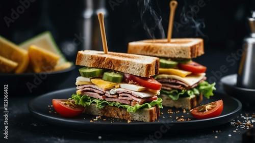 Aesthetic preparation of club sandwich on a black themed kitchen. bokeh style. photo