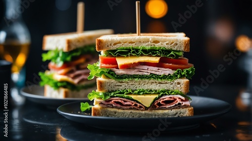 Aesthetic preparation of club sandwich on a black themed kitchen. bokeh style. photo