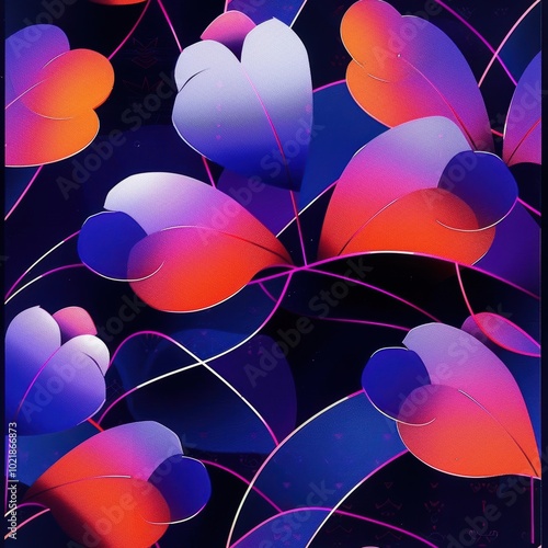 Obraz na płótnie Retro floral digital paper with vibrant colors full. A vibrant abstract pattern of heart-shaped leaves in shades of pink, purple, and blue on a dark background w salonie