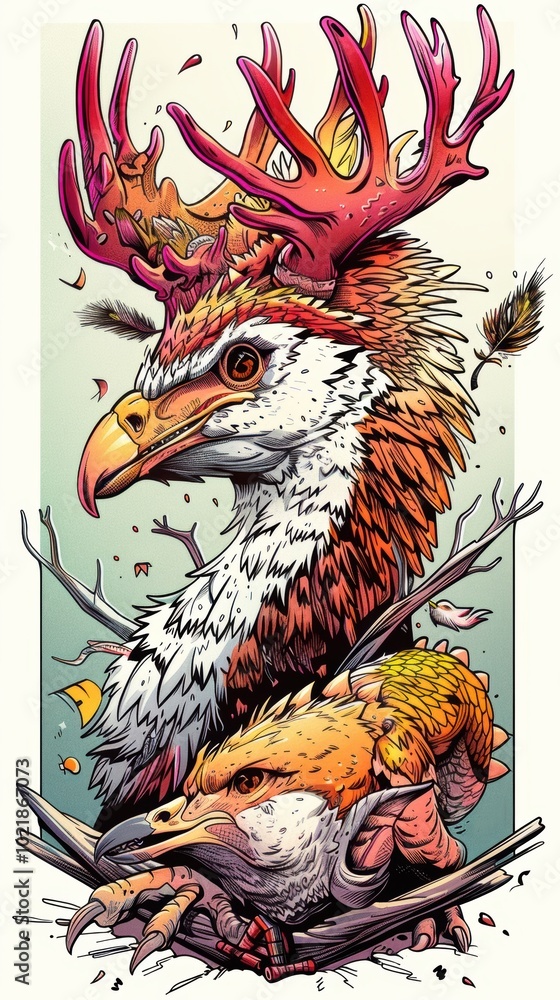 A fantastical hybrid creature combining elements of a deer and a bird, showcasing vibrant colors and intricate details in a stylized, artistic composition